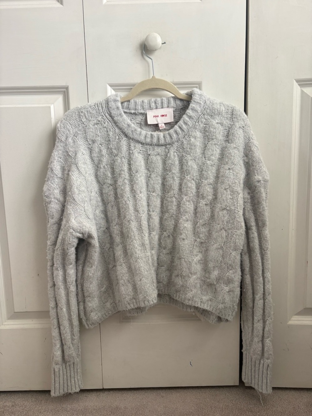 Pink Rose Heather Gray Chunky Cable Crewneck Sweater